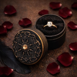 May include: A gold engagement ring with a large, clear gemstone sits in a black ring box. The box is open, revealing the ring against a black fabric. A second, closed box with an ornate, gold-colored design is next to it. Red rose petals are scattered around the boxes.