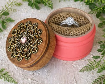 Coral Pink Ring Box - Engagement Proposal Rustic Wood