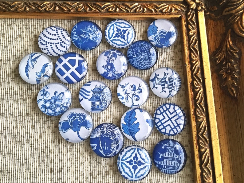 Blue White Flower Magnets Decorative Magnets Neomydium Magnets Round Glass Magnets 25mm image 3