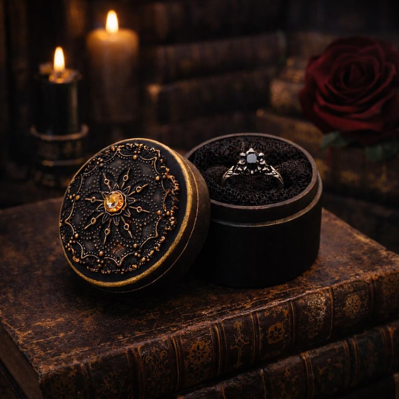 May include: An open black ring box with a black ring inside, set on a stack of old books. The ring has a dark gemstone. The box is next to a round, ornate box with a gold and black design. Two lit candles and a red rose are in the background.