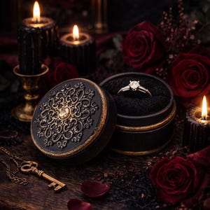 May include: A round black ring box with gold-toned filigree and a central stone on the lid, containing a silver-toned ring with a single center stone and baguette side stones, set against a dark background with red roses and candles.