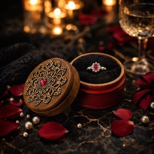 May include: A ruby and diamond ring in a red velvet lined box. The ring is set in a gold band and surrounded by small diamonds. The box is wooden with a decorative gold design and a red jewel. Red rose petals and pearls are scattered around the box.