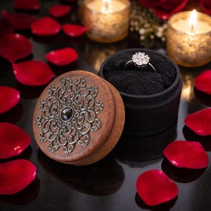 May include: A diamond engagement ring in a black ring box with a black mesh lining. The ring box is next to a wooden box with an ornate silver design and a black gem. Red rose petals and lit candles are in the background.