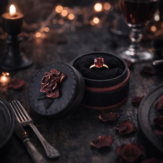 Gothic Engagement Ring Box Black - Dark Romantic Burgundy Rose Proposal Ring Holder