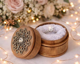 Engagement Ring Box - Proposal Wedding Round Wood Jewelry Storage Rustic
