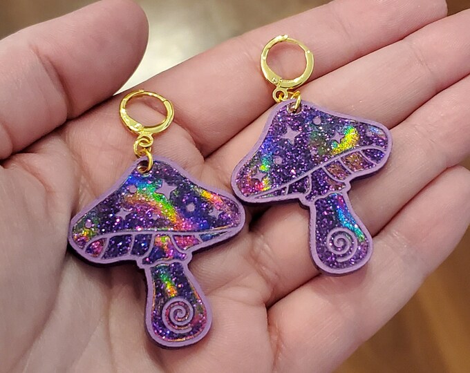 Holographic Mushroom Earrings | Lightweight Trippy Leverback Earrings