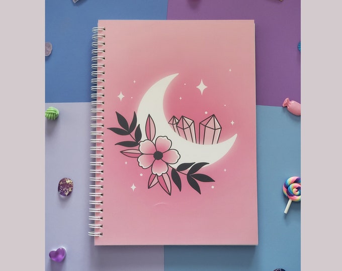 Spiral Notebook | Pink Floral Moon Dot Grid Notebook | Spooky Cute Stationery B5 (~10"x7) Notebook
