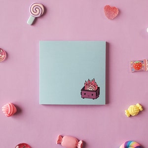 Purple Dumpster Fire Sticky Notes | Blue Background | Cute Pastel Stationery