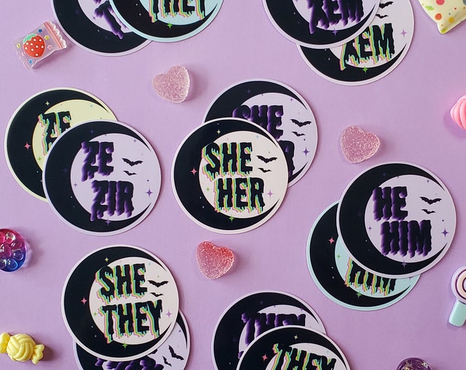 Spooky Moon & Bats Rainbow or Purple Pronoun Stickers