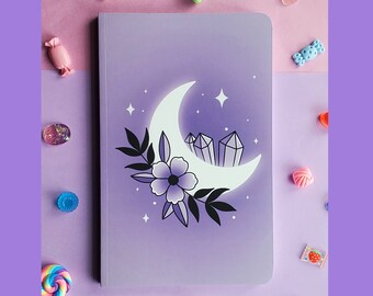 Crescent Moon Floral Witchy Layflat Notebook | Spooky Pastel Goth Dot Grid Notebook