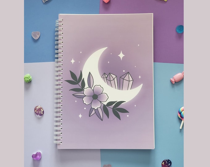 Spiral Notebook | Purple Floral Moon Dot Grid Notebook | Spooky Cute Stationery B5 (~10"x7) Notebook