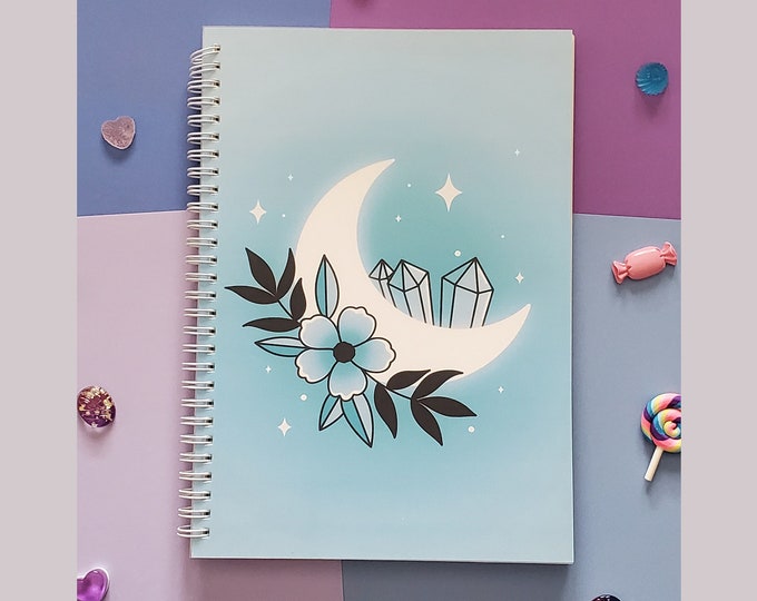 Spiral Notebook | Blue Floral Moon Dot Grid Notebook | Spooky Cute Stationery B5 (~10"x7) Notebook