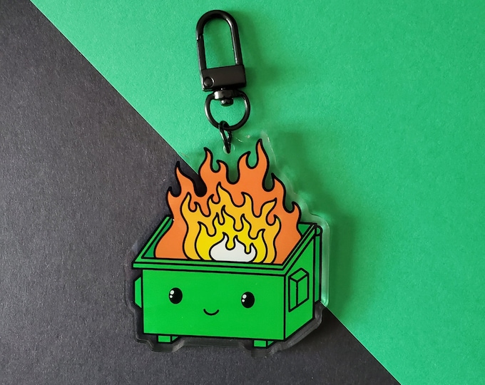 Green Dumpster Fire Acrylic Keychain | Cute Dumpster Charm with Clasp