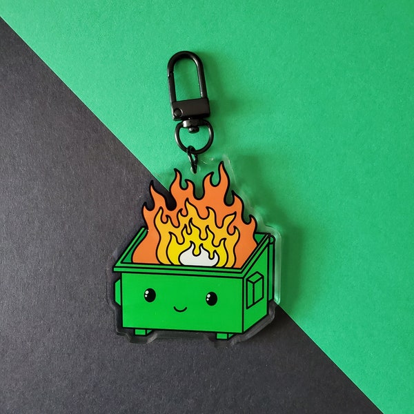 Green Dumpster Fire Acrylic Keychain | Cute Dumpster Charm with Clasp