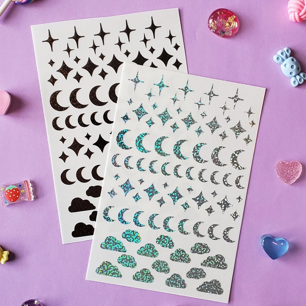 Holographic Glitter Deco Sheet | Stars, Sparkles, Moons, and Clouds Deco Stickers | Cute Polco, Planner Stickers