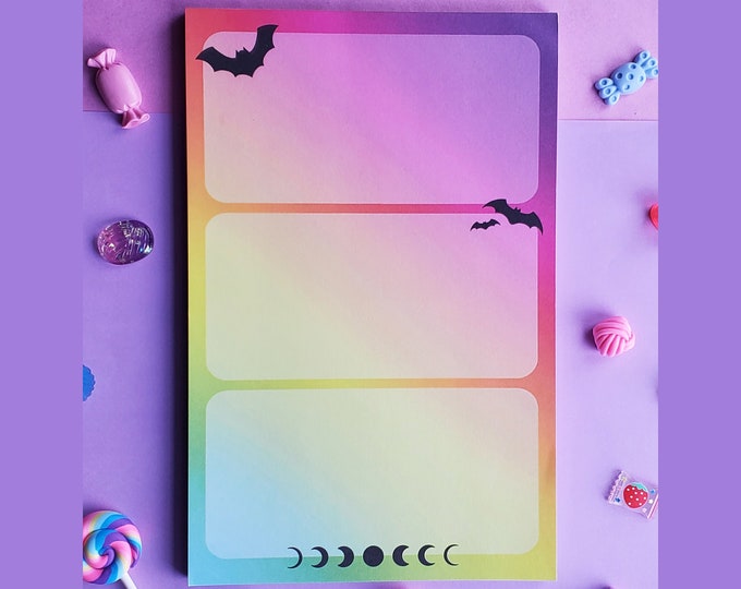 Spooky Rainbow Goth  5.5"x 8.5" Colorful Bats and Moons Notepad
