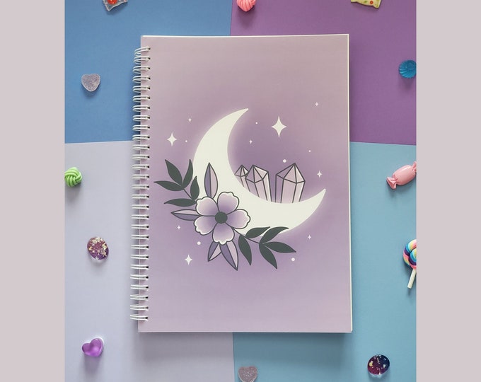 Spiral Notebook | Purple Floral Moon Lined Notebook | Spooky Cute Stationery B5 (~10"x7) Notebook