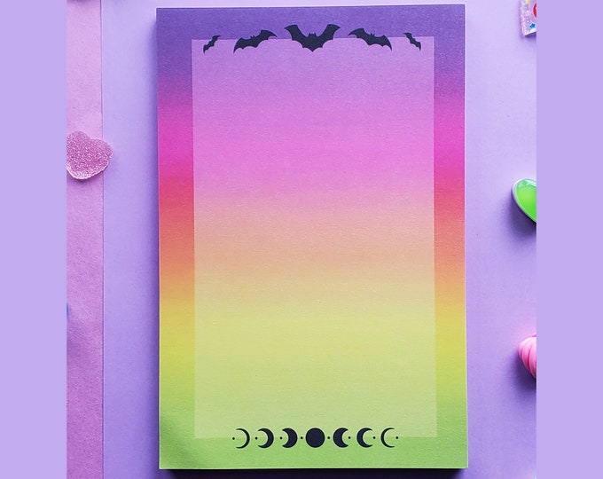Spooky Rainbow Goth Bats and Moons 4x6 Notepad