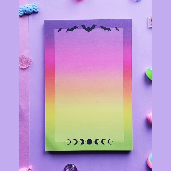 Spooky Rainbow Bats and Moons Notepad | Colorful Witchy Goth Notepad