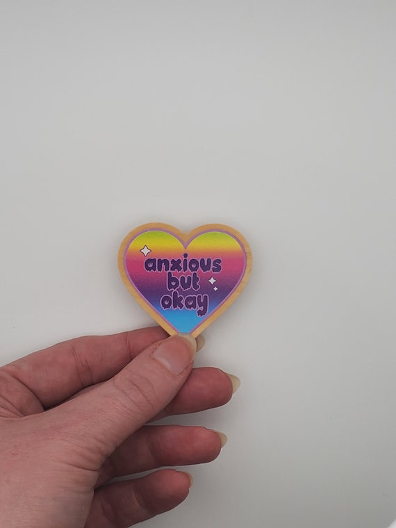 Anxious But Okay Wooden Pin | Neon Rainbow Anxiety Lapel Pin