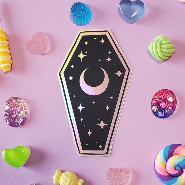 Coffin Moon and Stars Holographic Vinyl Sticker | Spooky Goth Witchy Sticker