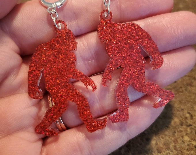 Holographic Bigfoot Earrings | Holo Red Glitter | Lightweight Leverback Earrings | Cryptid Sasquatch Bigfoot Jewelry