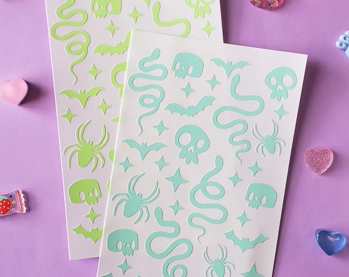 Glow Vinyl Sticker Sheet | Mushroom, Pumpkins, Snakes, Skulls, Stars, & Bats!