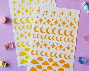 Deko Blatt Uni Farben | Sterne, Funkeln, Monde und Wolken Deko Aufkleber | Niedliche Polco, Planer, Bujo Sticker