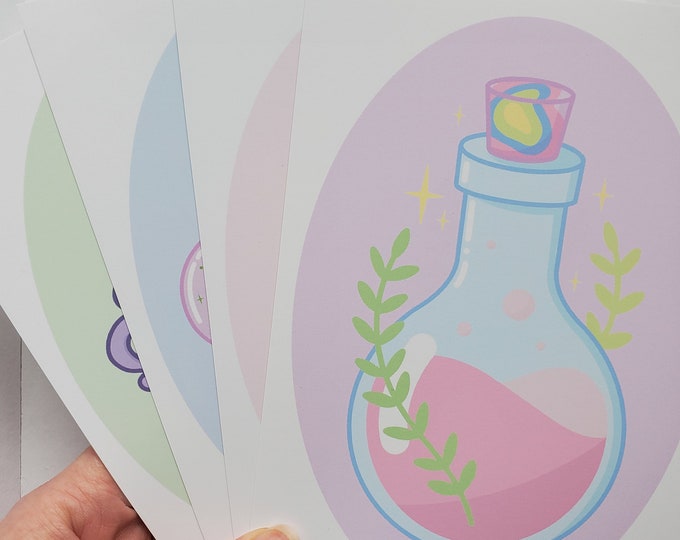 Pastel Magic 5" x 7" Cute Pastel Witchy Art Prints | Potion - Cauldron - Hourglass - Snakes