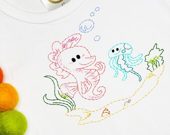 Seahorse and jellyfish in ocean vintage stitch machine embroidery design