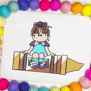 School Girl sitting on crayon sketch machine embroidery design