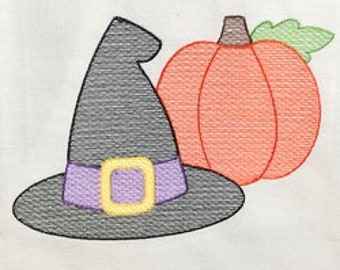 Witches Hat and pumpkin sketch embroidery design