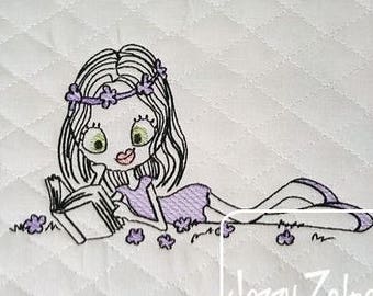 Swirly girl reading sketch machine embroidery design