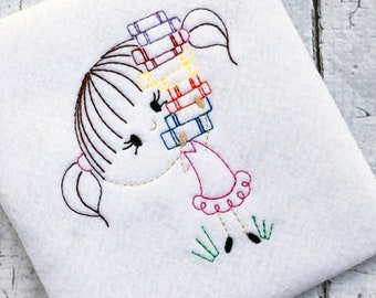Girl with stack of books vintage stitch machine embroidery design