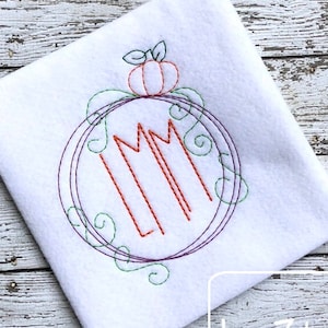 Pumpkin wreath monogram circle frame vintage stitch machine embroidery design