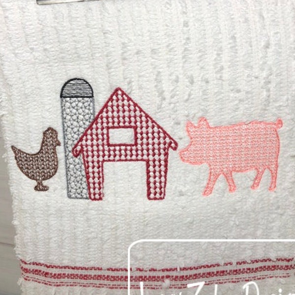 Farm trio barn, chicken and pig motif filled machine embroidery design