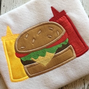 Cheeseburger with mustard and Ketchup appliqué machine embroidery design