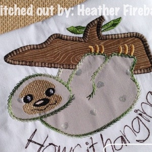 Hairy Sloth applique machine embroidery design image 1