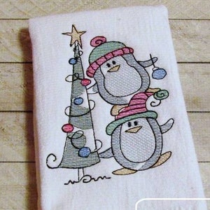 Penguins with Christmas Tree sketch machine embroidery design image 1