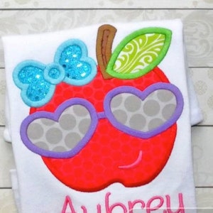 Apple girl wearing heart sunglasses appliqué machine embroidery design