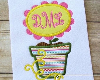 Flower in pot applique machine embroidery design