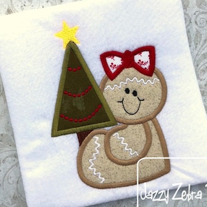 Gingerbread girl with Christmas tree appliqué machine embroidery design