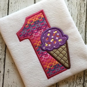 1st Birthday single scoop ice cream cone appliqué machine embroidery design