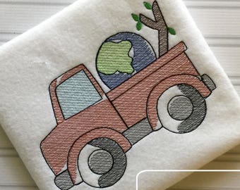 Earth Day Truck sketch machine embroidery design