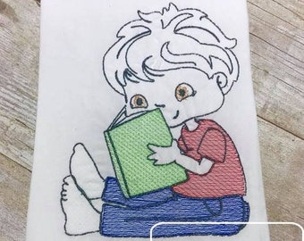 Boy reading book sketch machine embroidery design