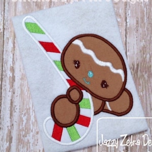 Gingerbread boy with candy cane appliqué machine embroidery design