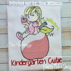 School girl sitting on apple sketch machine embroidery design