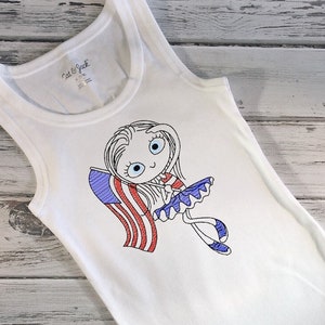 Swirly girl with flag patriotic 4th of July sketch machine embroidery design