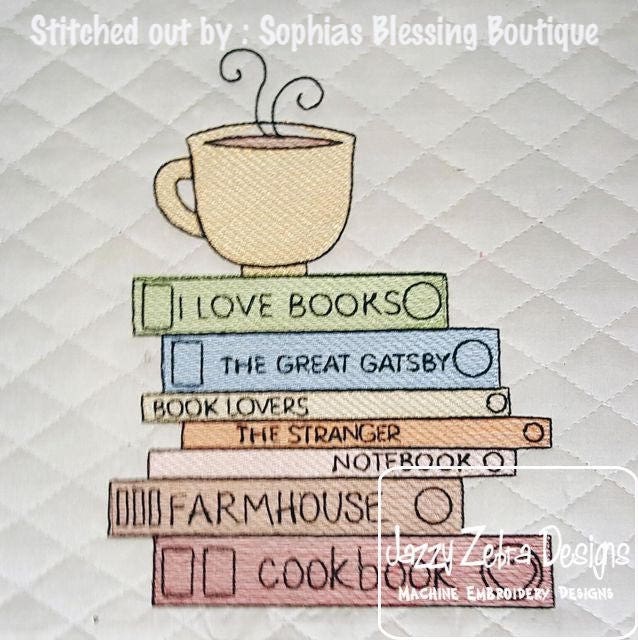 Book Stack Drawing 7 Book Stack With Coffee Cup Sketch Machine Embroidery Design ...