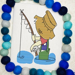 Fishing Boy with hip wadders sketch machine embroidery design